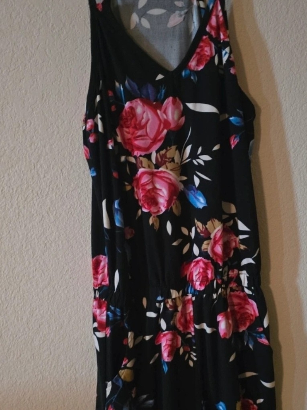Women’s Black Floral Sleeveless Dress with Pink Rose Print
